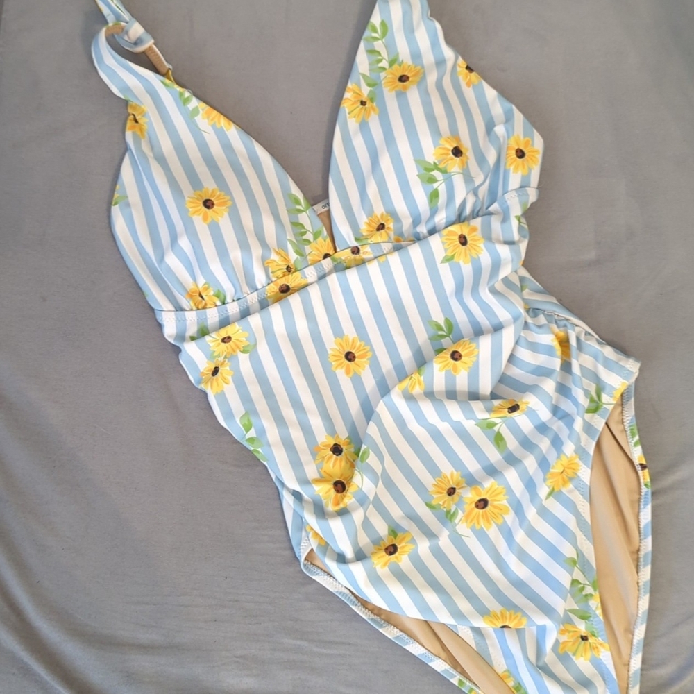 Old Navy Blue and White One Piece Swimsuit with Wrap Front
